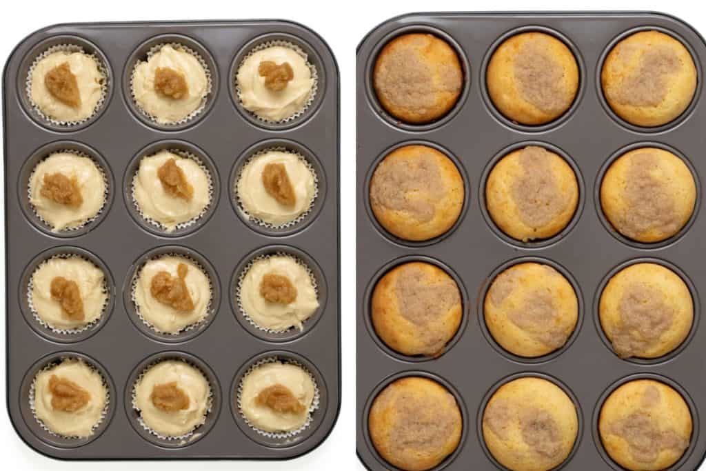 Side-by-side images of Apple Cheesecake Muffins in a muffin tin: on the left, raw muffin batter with a dollop of creamy filling; on the right, the same muffins baked, golden brown with a darker spot in the center of each.