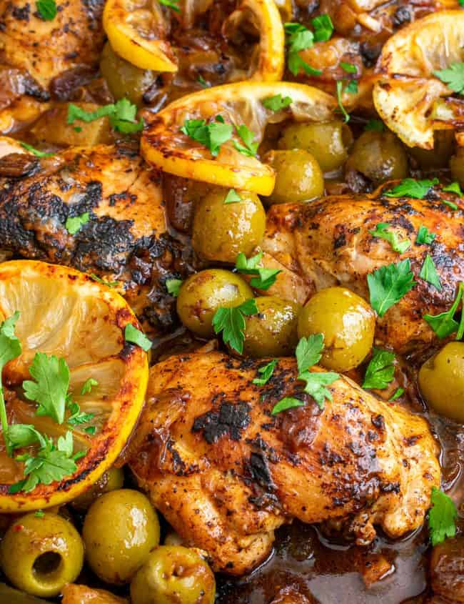 Moroccan Lemon Olive Chicken: Chicken thighs, olives, and lemons