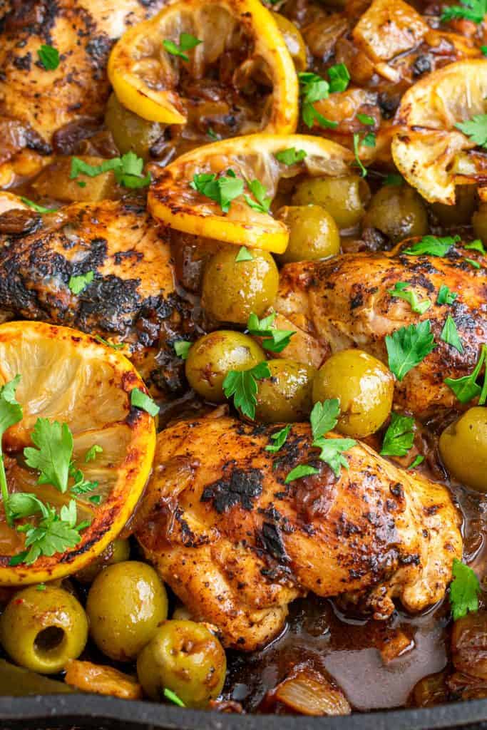 Moroccan Lemon Olive Chicken: Chicken thighs, olives, and lemons