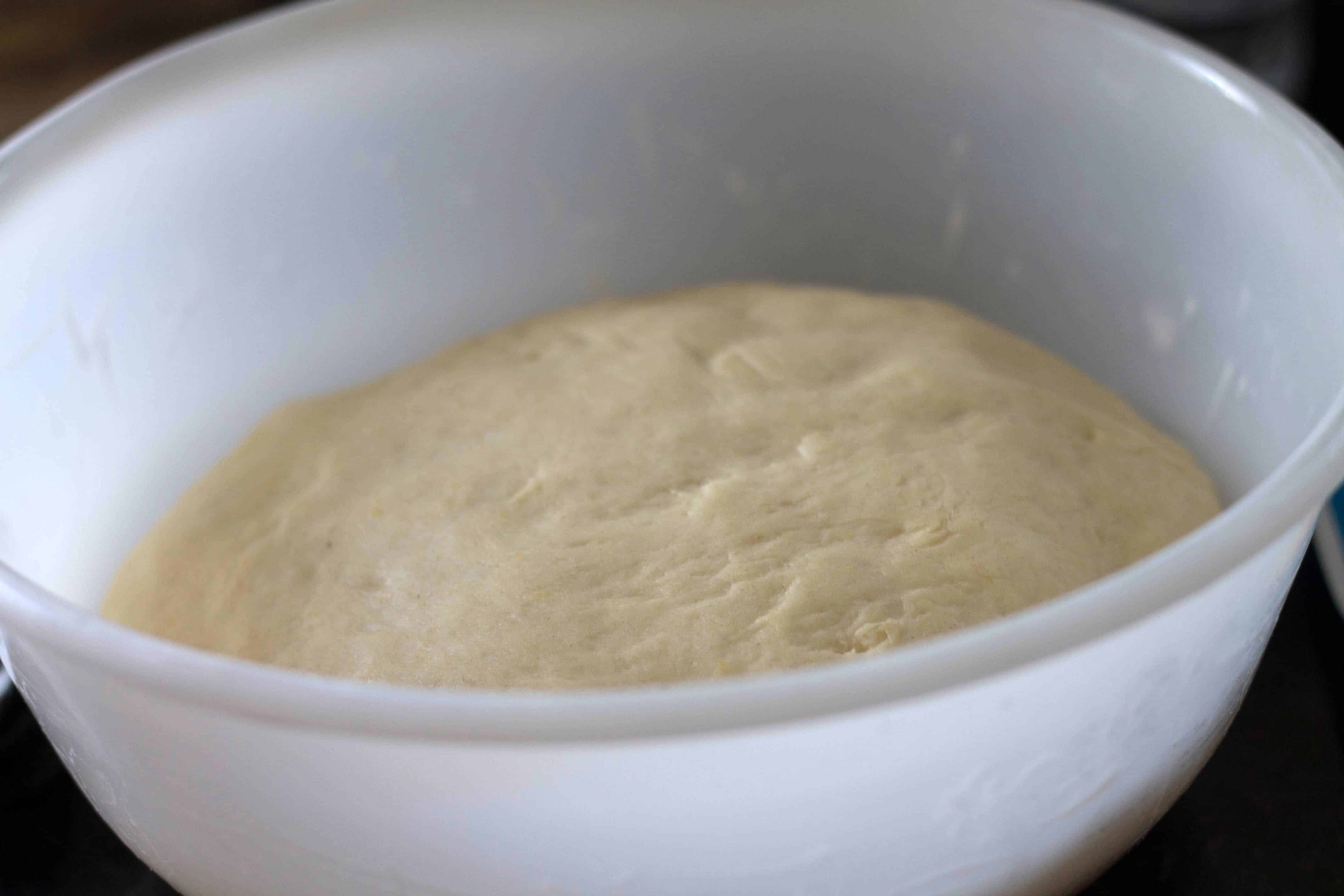 Quick Rise dough in a plastic bowl