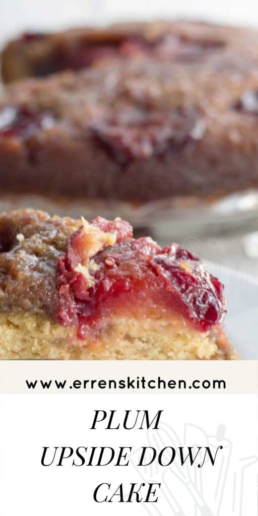 A slice of plum upside down cake with the remaining cake in the background