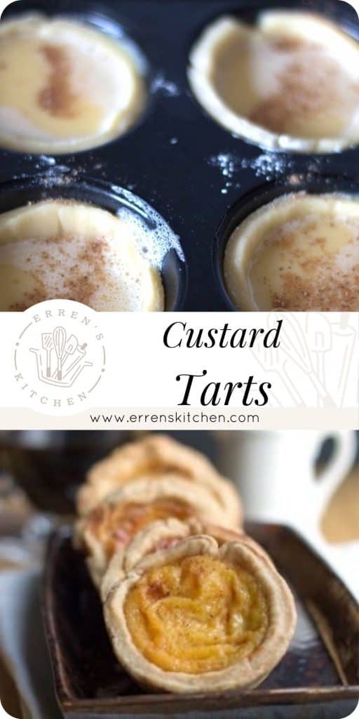 two pictures of custard tarts just out of the oven and ready to eat