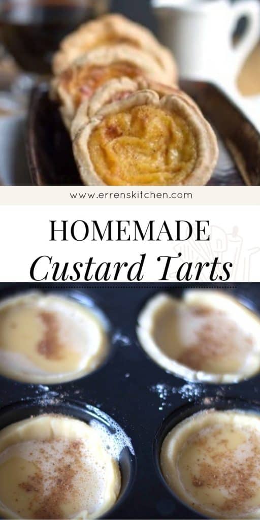 two pictures of custard tarts just out of the oven and ready to eat