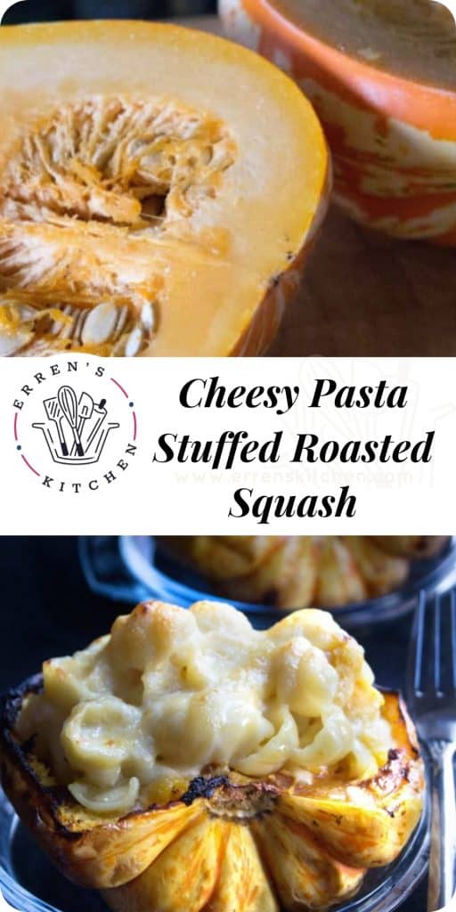 a collage of pictures of squash and the finished dish stuffed with cheesy pasta
