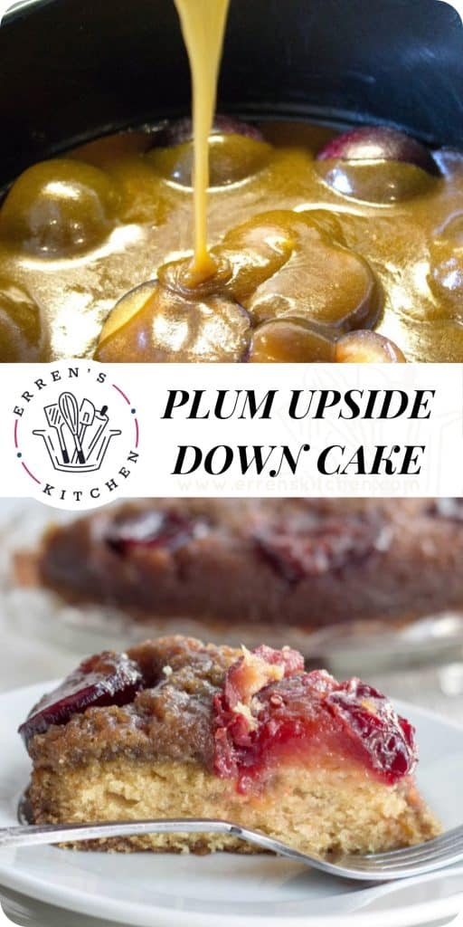 A slice of plum upside down cake with the remaining cake in the background, and caramel being poured onto plums in a pan