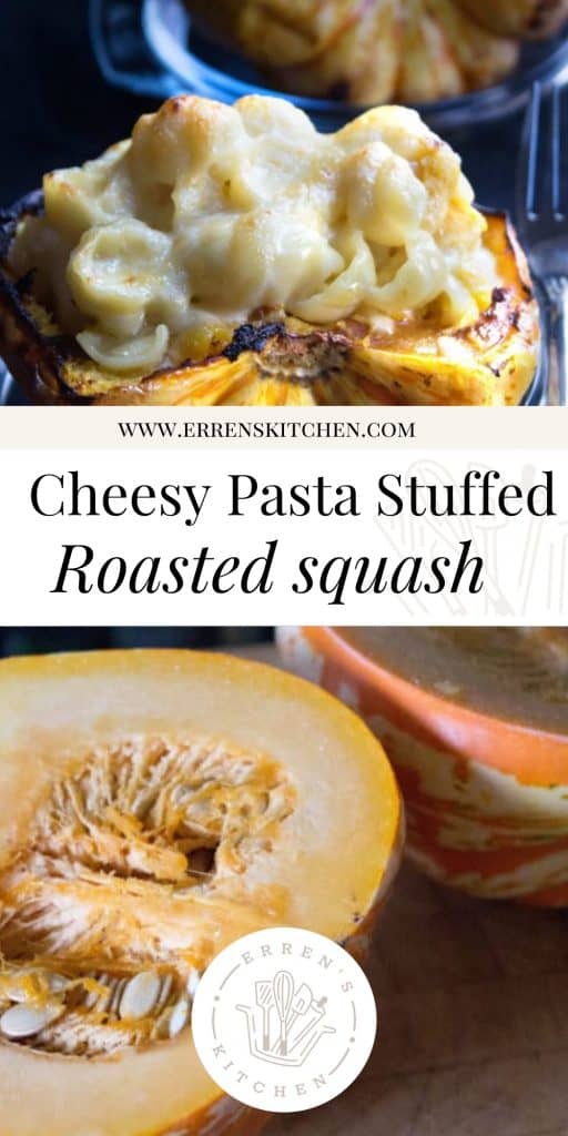 a collage of pictures of squash and the finished dish stuffed with cheesy pasta