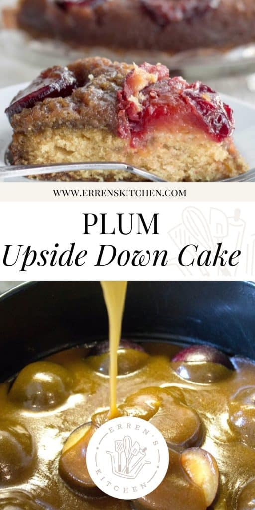 A slice of plum upside down cake with the remaining cake in the background, and caramel being poured onto plums in a pan