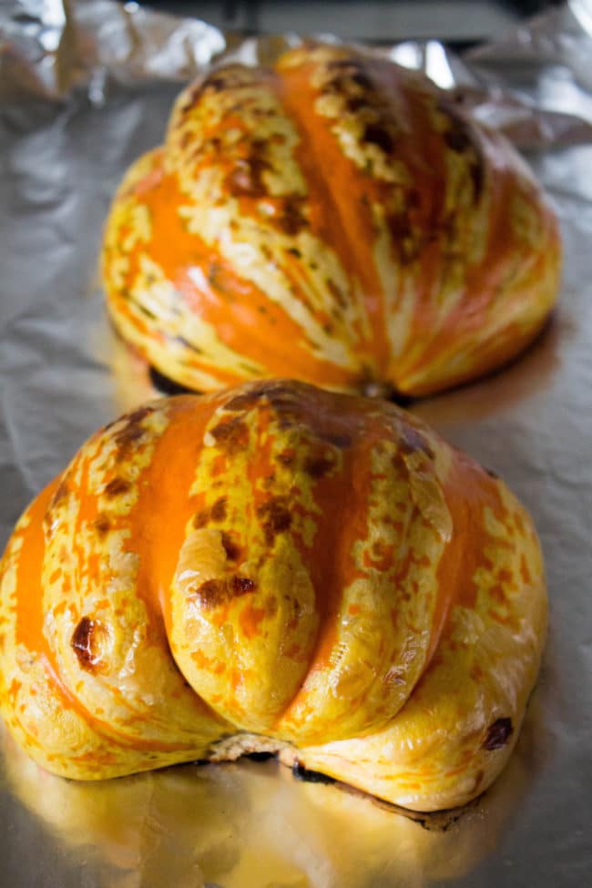 roasted squash halves out of the oven