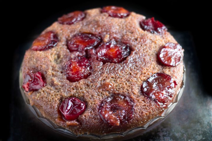 plum upside down cake fresh from the oven