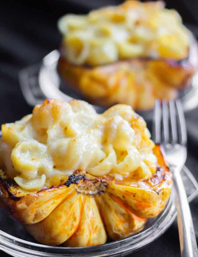 roasted squash stuffed with mac n cheese ready to eat