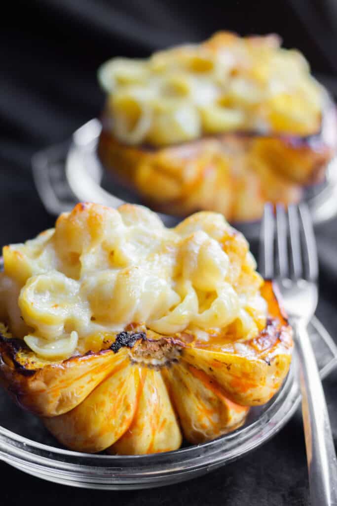 roasted squash stuffed with mac n cheese ready to eat