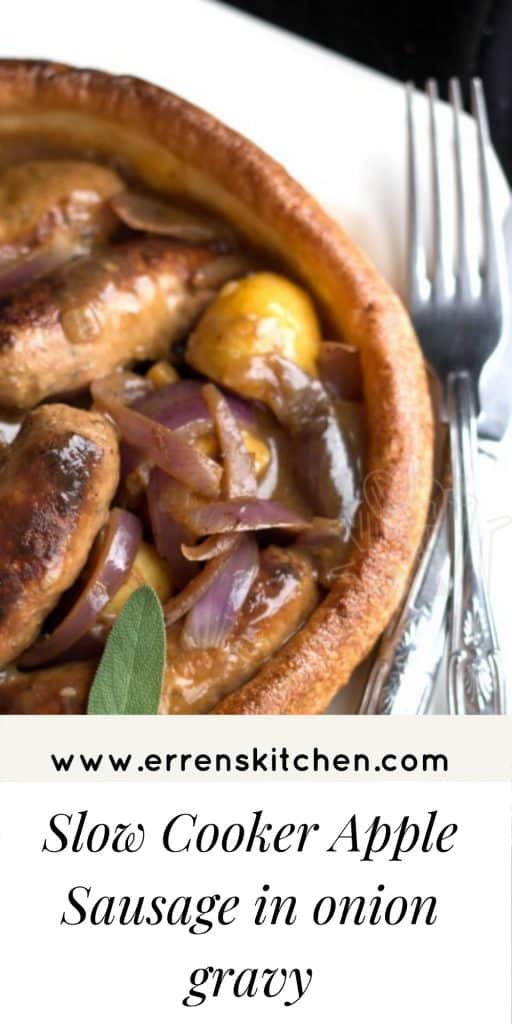 slow cooker apple sausage in onion gravy served in a Yorkshire pudding