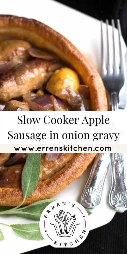 slow cooker apple sausage in onion gravy served in a Yorkshire pudding