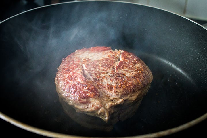 Beef Brisket searing in the pan 