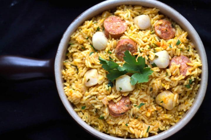 Easy Scallops & Chorizo Paella in a pan ready to serve