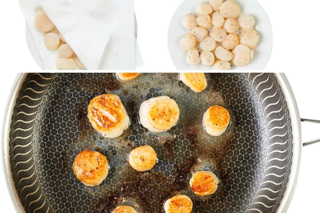  raw scallops drying on a paper towel, seasoned scallops on a white plate, and scallops searing to golden brown in a frying pan—perfect prep for Easy One Pot Scallops & Chorizo Paella.