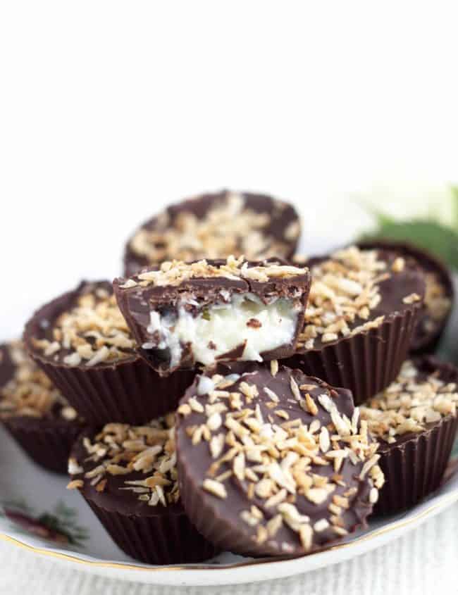 a plate of homemade coconut mounds cups