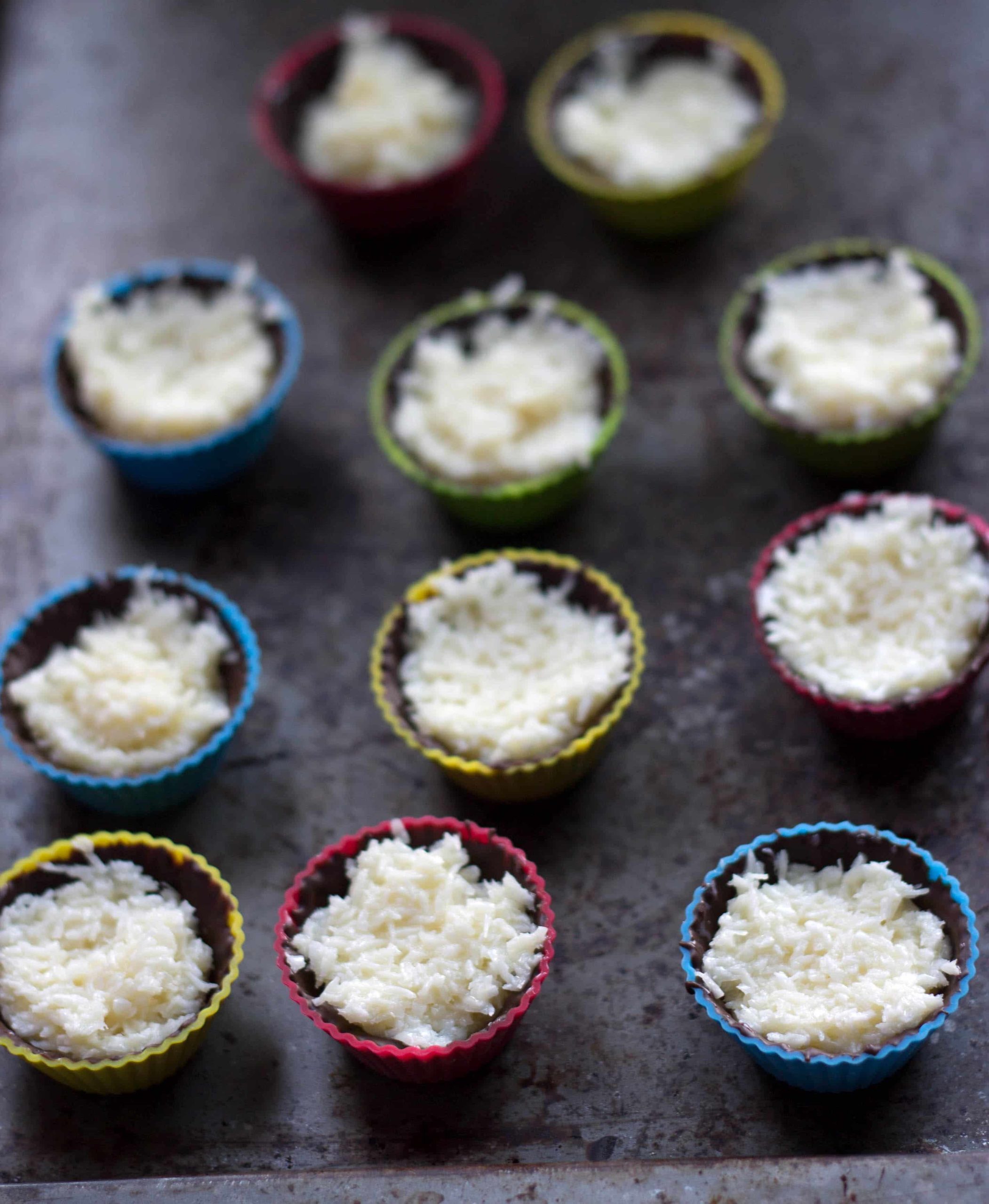 chocolate molds filled with coconut filling