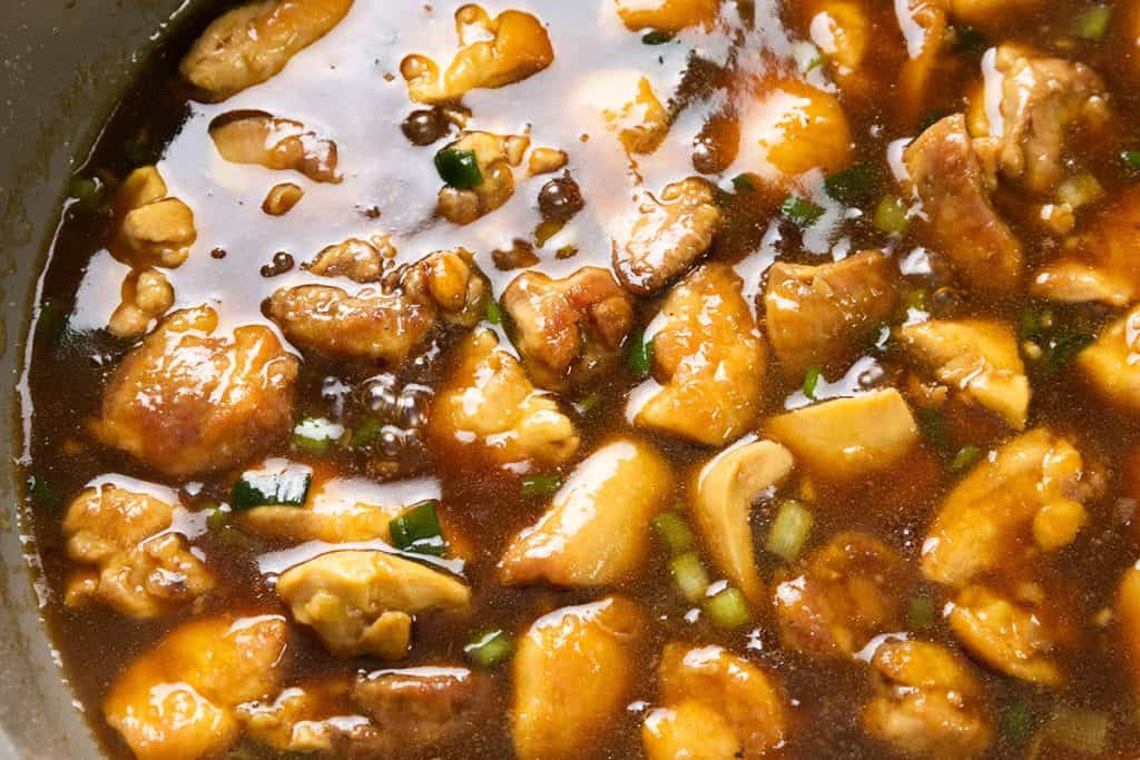 Chunks of chicken cooked in a rich, glossy brown sauce with chopped green onions and visible spices, this Slow Cooker Honey Soy Chicken is a savory and appetizing dish.