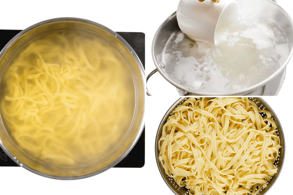 Collage showing pasta being boiled in a pot, water being drained, and cooked pasta resting in a strainer—perfect preparation steps for Tagliarini with Saffron Cream Sauce.