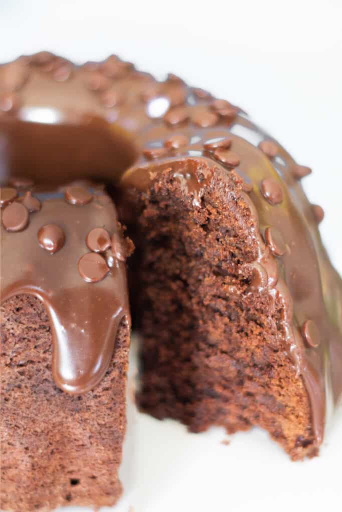 a Chocolate Bundt Cake with a slice cut out