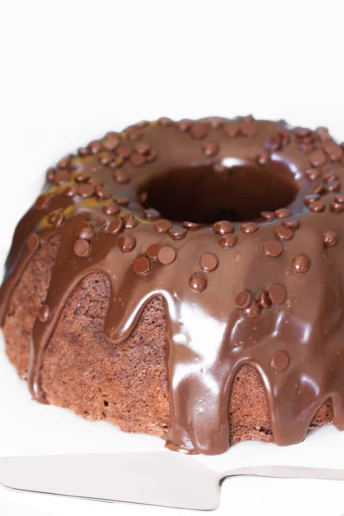 A Chocolate Bundt Cake with a cake slicer niext to it