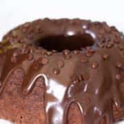 A Chocolate Bundt Cake with a cake topped with chocolate chips.