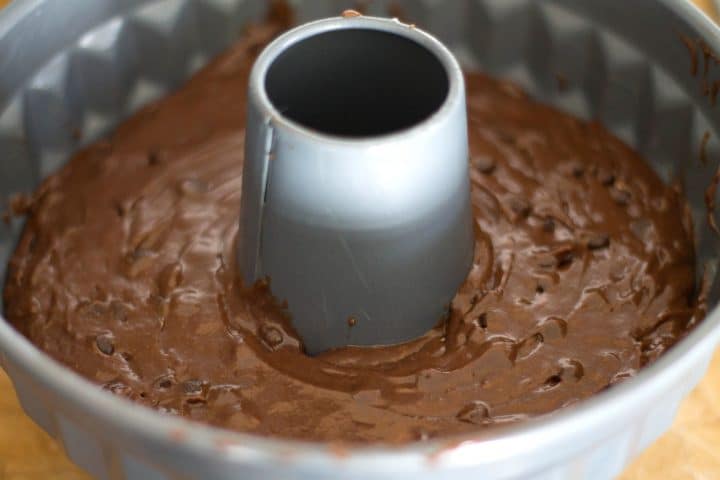 Double Chocolate Bundt Cake cake batter in the Bundt pan