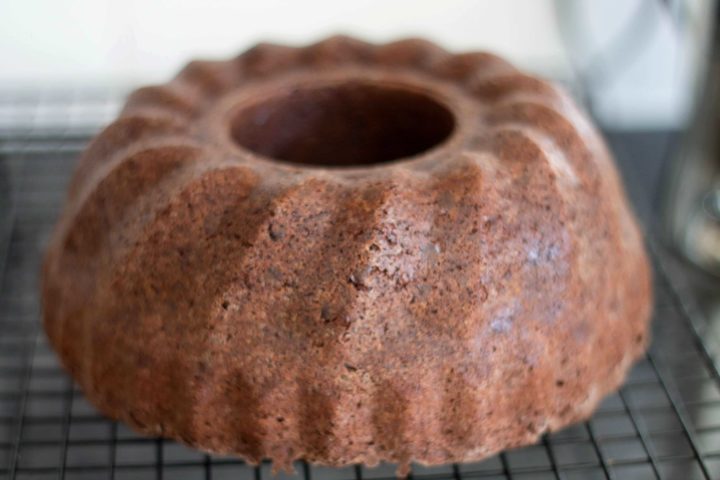 Double Chocolate Bundt Cake on c cooling rack