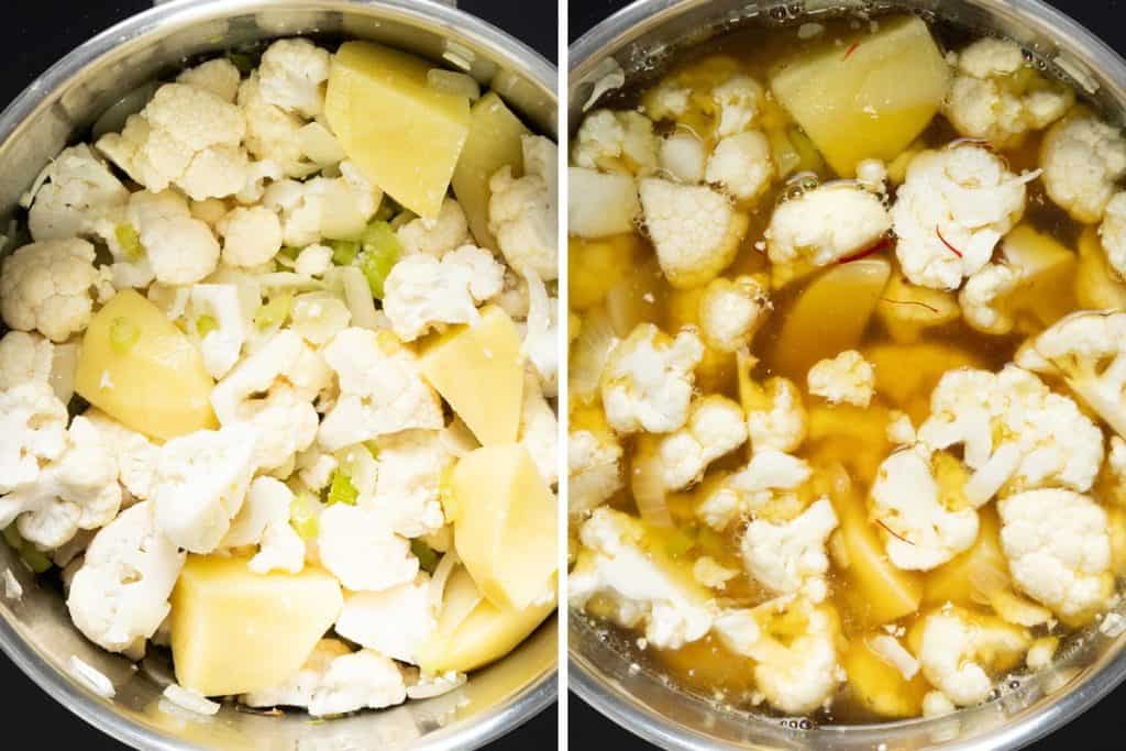 Side-by-side images show a pot of raw cauliflower and potatoes on the left, and the same vegetables simmering in a rich brown liquid on the right&mdash;the first steps in preparing Low Fat Creamy Cauliflower Saffron Soup.