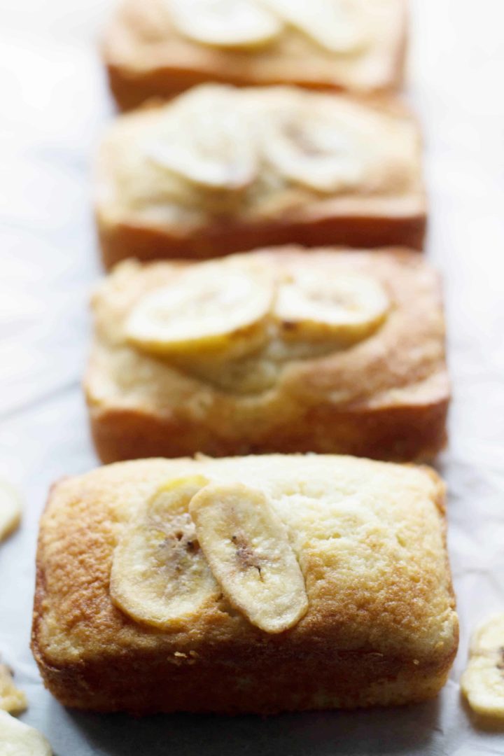 A close up of a piece Mini Banana Bread Loaves