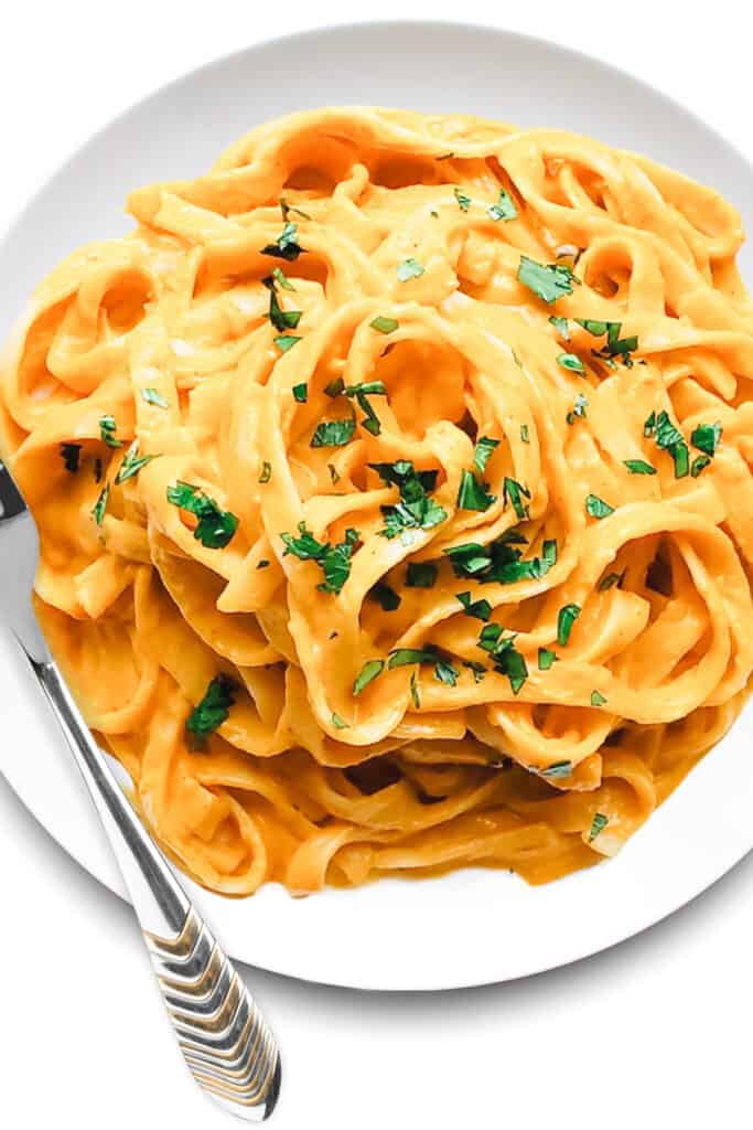 an overhead shot of Tagliarini with Saffron Cream Sauce