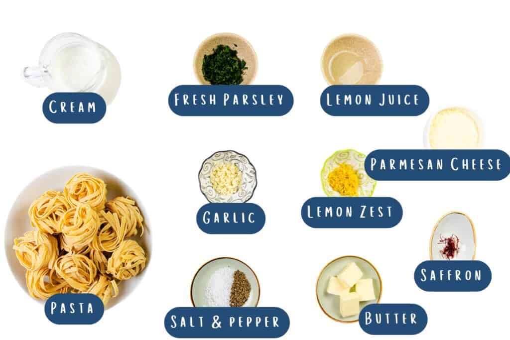  cream, fresh parsley, lemon juice, parmesan cheese, garlic, lemon zest, saffron, pasta nests, salt and pepper, and butter.