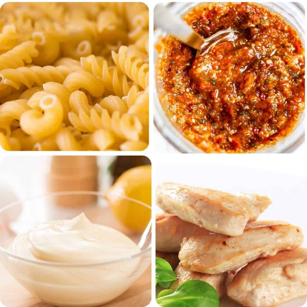 dried pasta, a jar of pesto, mayonnaise and cooked chicken