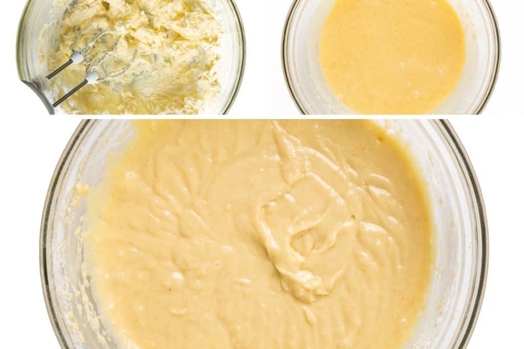 Three bowls with stages of cake batter for Peaches and Cream Cupcakes: creamed butter and sugar, blended wet ingredients, and the final mixed batter, all shown from above.