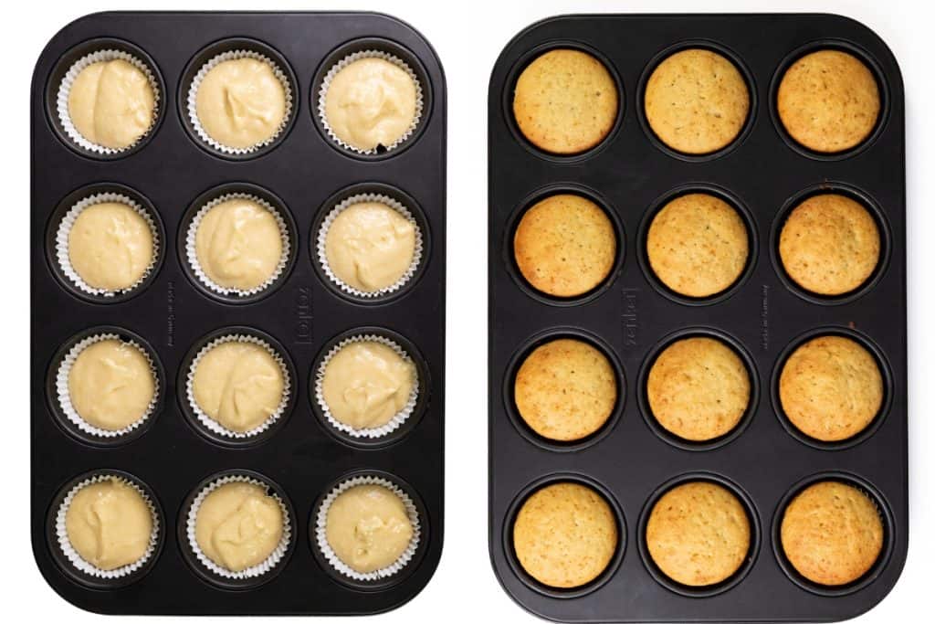 Two muffin trays: the left tray shows unbaked Peaches and Cream Cupcakes batter in paper liners, while the right tray displays the same cupcakes baked to a golden brown, still in the tray.
