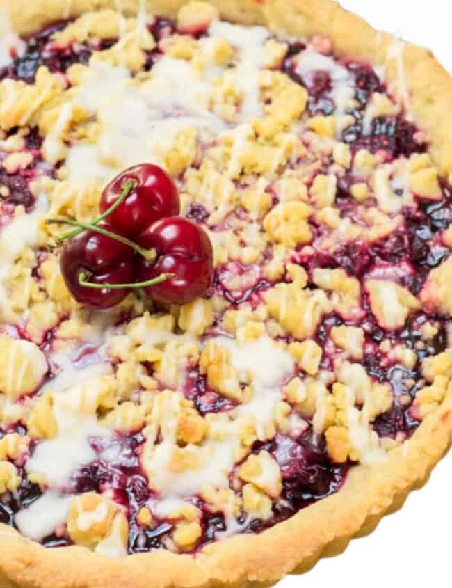 an overhead shot of cherry vanilla shortbread tart