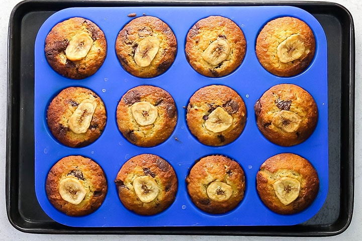 the chocolate chip banana muffins fresh out of the oven
