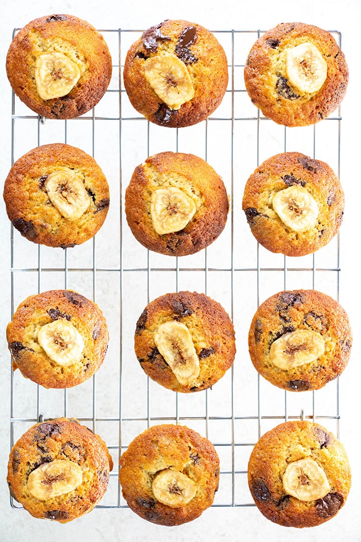 chocolate chip banana muffins cooling on a cooling rack