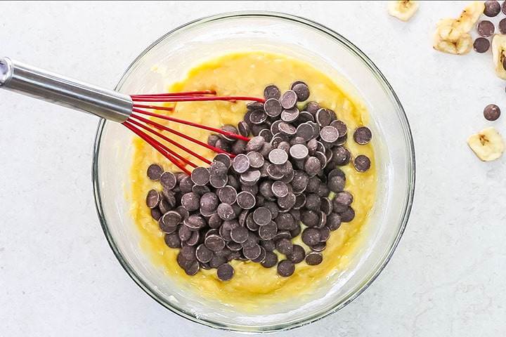 The chocolate chips added to the mixing bowl