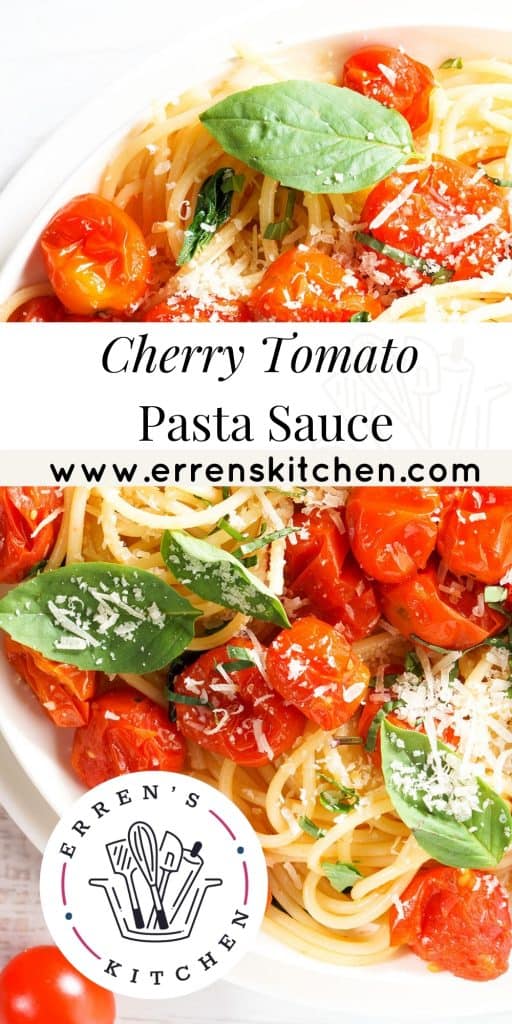 spaghetti with roasted cherry tomato and fresh basil in a white plate