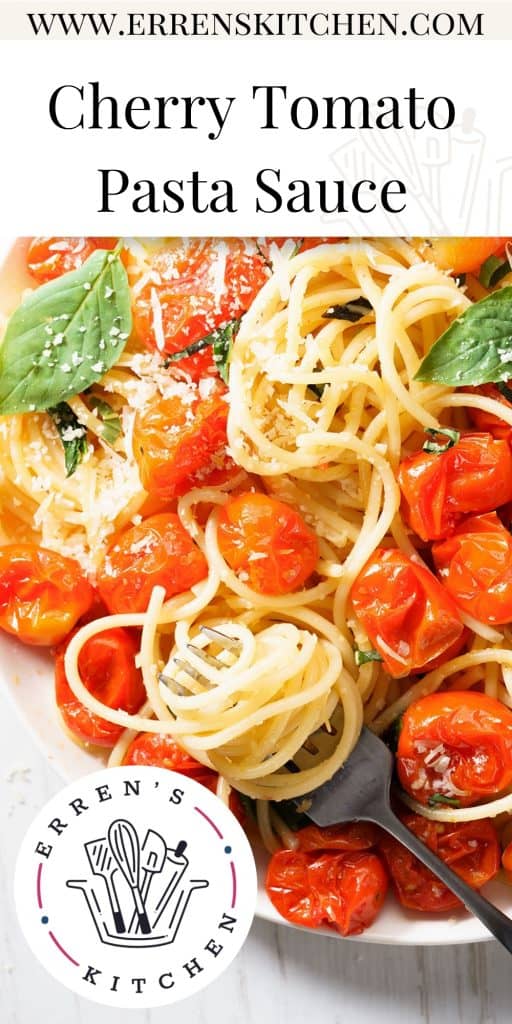 spaghetti with roasted cherry tomato and fresh basil in a white plate