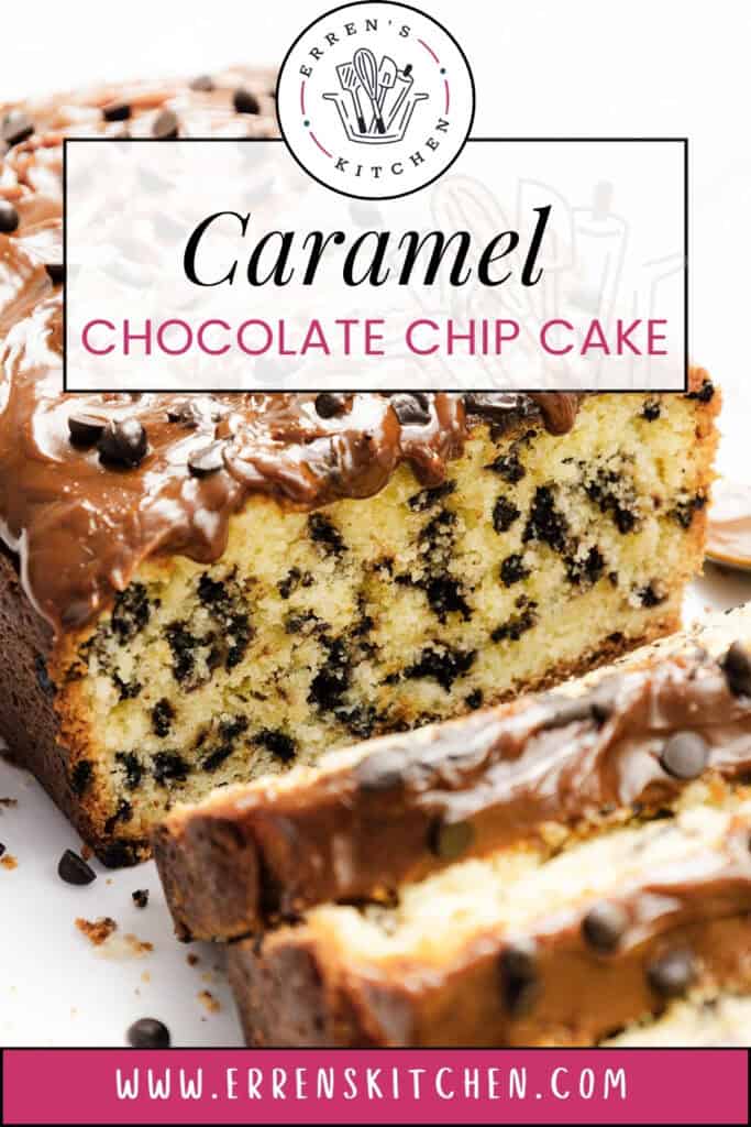 A sliced Chocolate Chip Caramel Cake with rich chocolate icing and a sprinkle of chocolate chips sits on a white surface, showcasing its moist texture. For more delectable treats, visit www.errenskitchen.com.