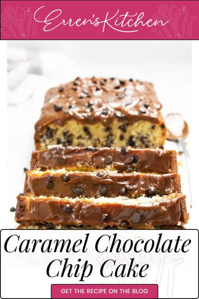 Discover the irresistible Chocolate Chip Caramel Cake, featuring a glossy caramel topping and chocolate chip-filled layers. Sliced to perfection, it beckons you to dive in. Text overlay reads "Get the recipe on the blog.