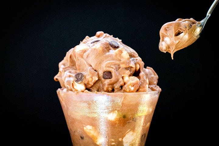 Spoon with no-churn chocolate chip and marshamallow ice cream.