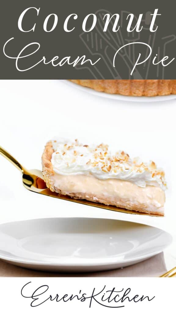 a branded pinterest pin showing a slice of coconut cream pie on a pie server