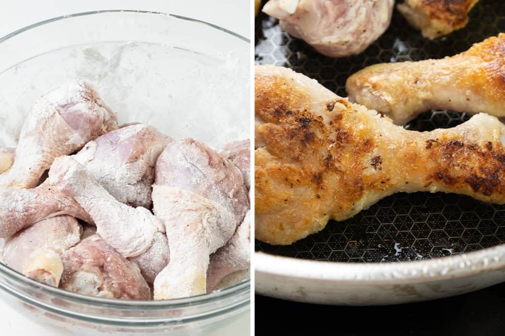 Left: Raw chicken drumsticks coated in flour in a glass bowl. Right: Chicken drumsticks being pan-fried, developing browned, crispy skin in a skillet—perfect for transforming into Sticky Chinese Chicken.
