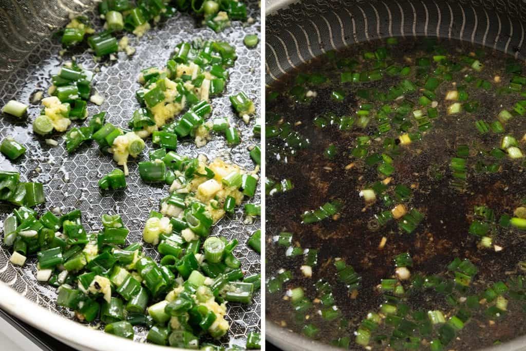 Side-by-side images: left, chopped green onions and minced garlic being sautéed in a pan; right, the same ingredients simmering in a dark liquid, likely the flavorful sauce base for Sticky Chinese Chicken.
