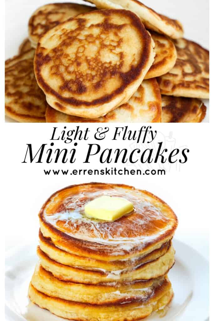 An image featuring a text overlay "Light & Fluffy Mini Pancakes" from Erren's Kitchen with a stack of mini pancakes and a pat of butter on top, with more pancakes in the background and the website address below.