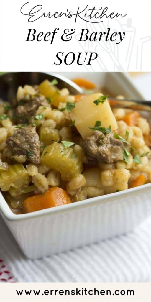 beef and barley soup in a bowl ready to serve